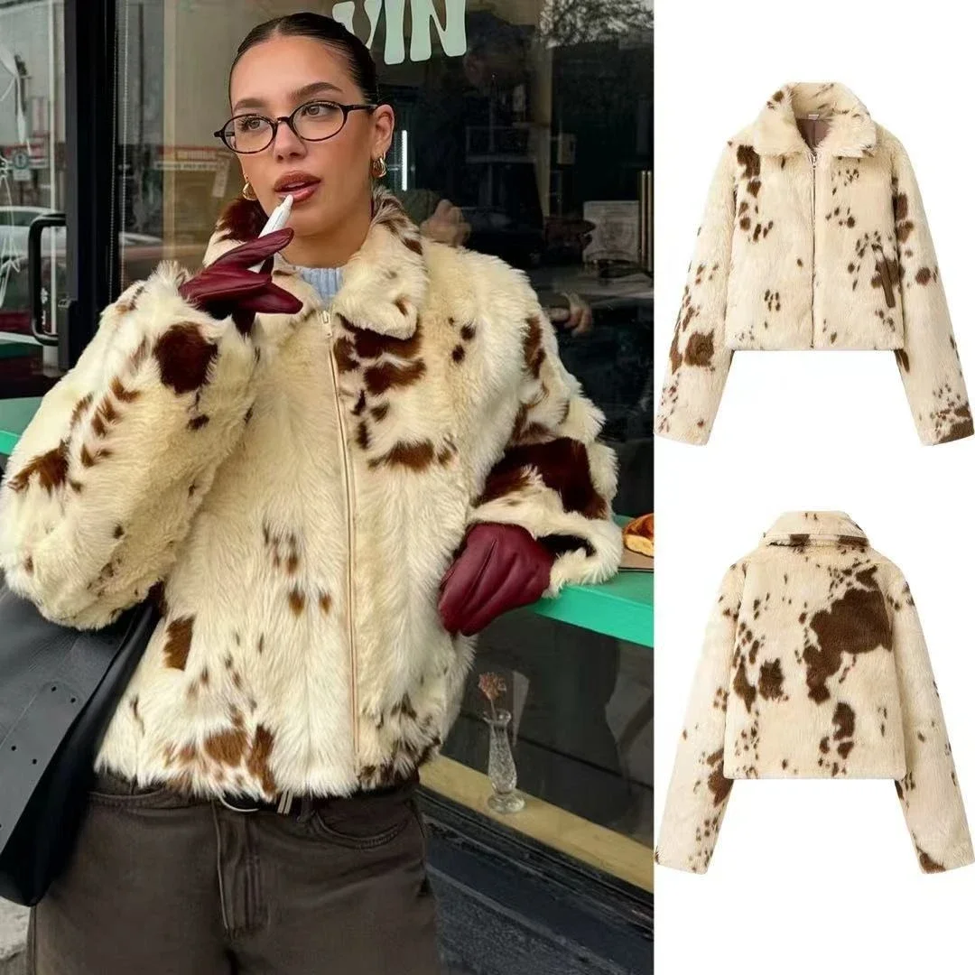 Leopard Print Faux Fur Jacket Women Turn Down Collar Full Zip 2026 Autumn Winter Cropped Loose Soft Warm Daily Wear Jacket