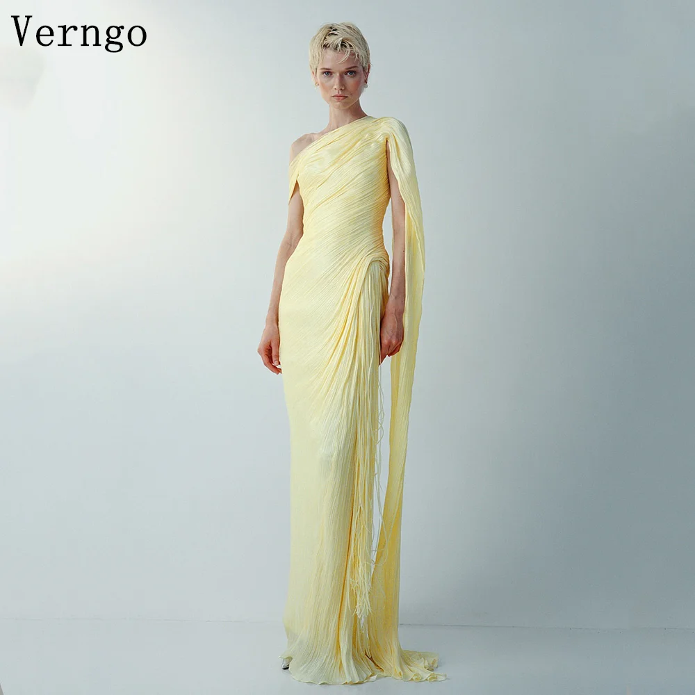 

Verngo Shiny Chiffon Formal Occasion Dresses One Shoulder A Line Prom Gowns Modest Arabia Pleated Evening Dress Customized