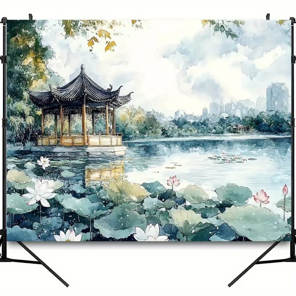 Chinese Garden Pavilion Water Lily Pond Photography Backdrop Traditional Asian Landscape Art Studio Prop for Wedding Portrait