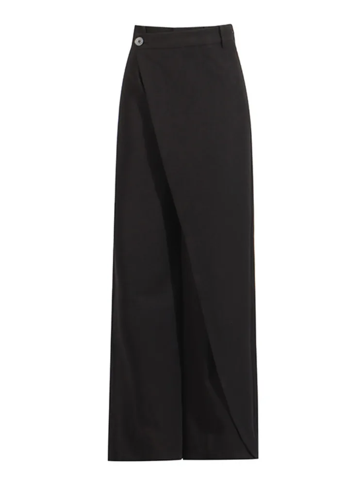 Elegante feminino preto de duas peças calça terno conjunto moderno blazer manga única e calças assimétricas perna larga chique zm784