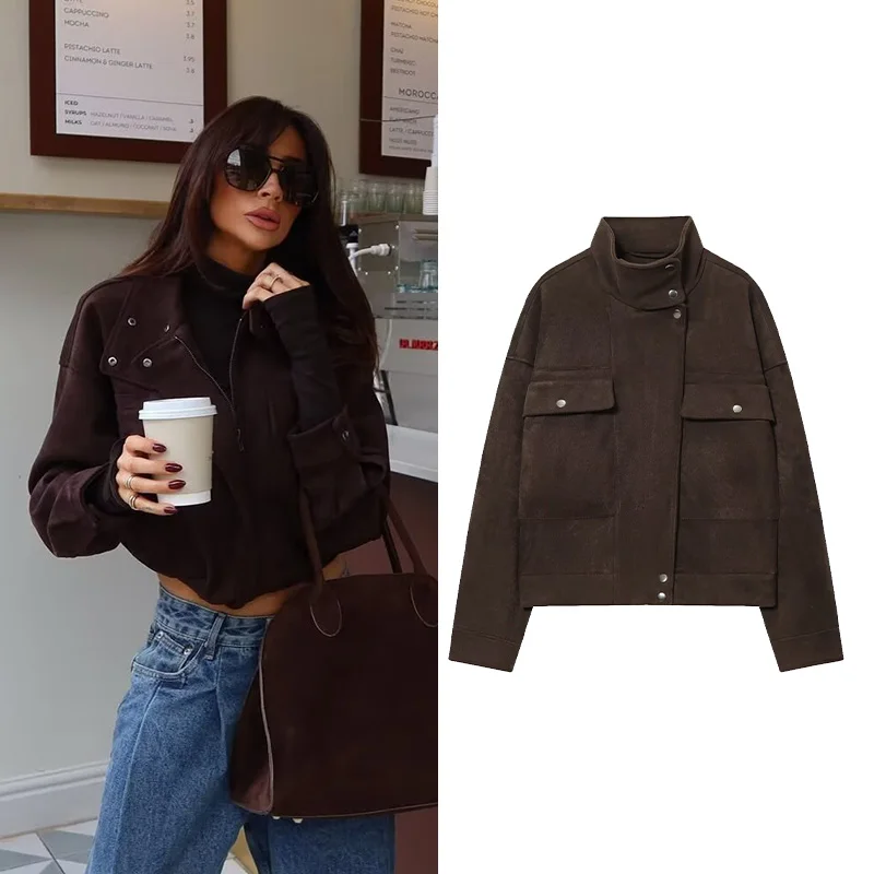 Autumn Women Faux Suede Jacket with Zipper Simple  High Collar Elegant Lady Warm Oversize Coats Chic Female Tops