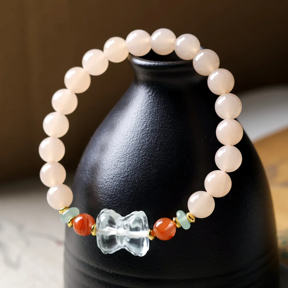 Original PinkChalcedony NewChinese Style Single-Strand Bracelet with Bow Knot South Red AgateFresh and DelicateBracelet forWomen
