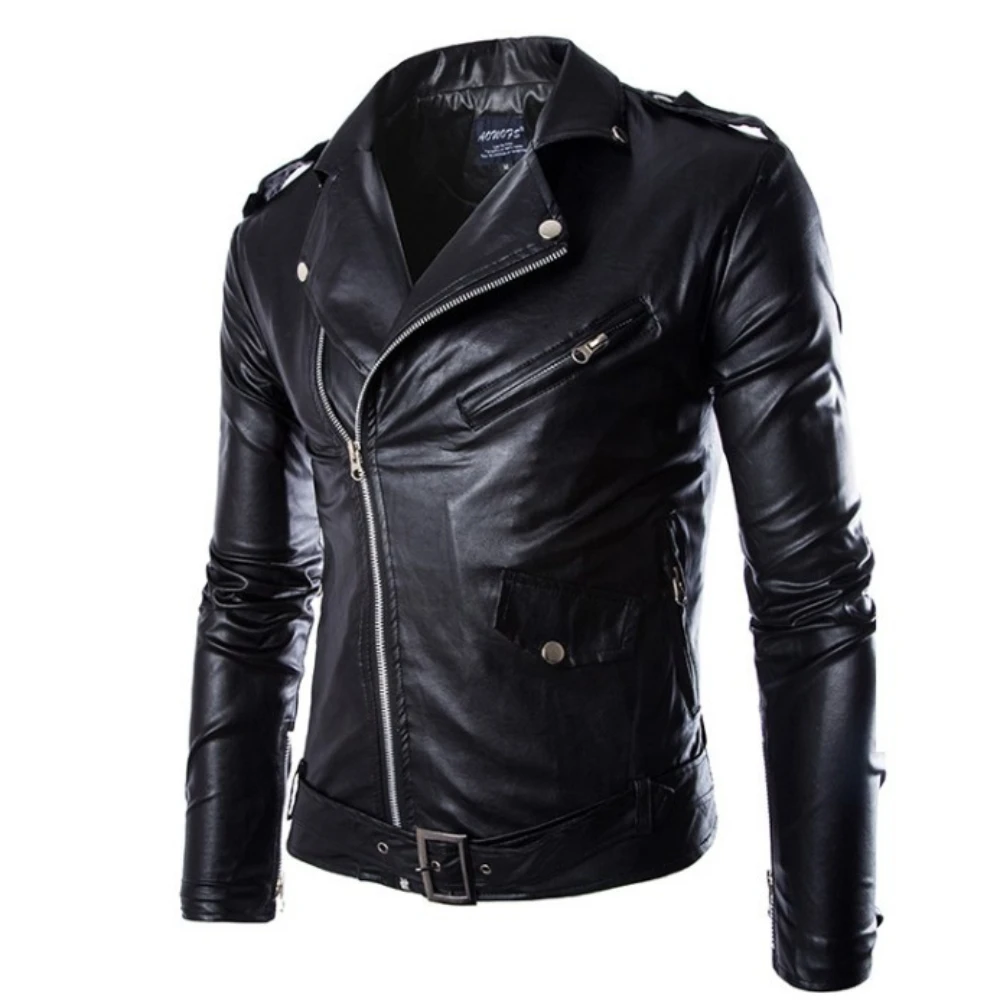 Spring And Autumn New Men's Motorcycle Slim Fitpuleather Stand Collar Cropped Oblique Zipper White Leather Jacket