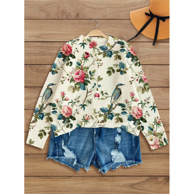 

Swallow Floral Digital Print Women's Knit Cardigan Thick, Loose-Fit Crew Neck Long Sleeve Autumn/Winter Casual Style