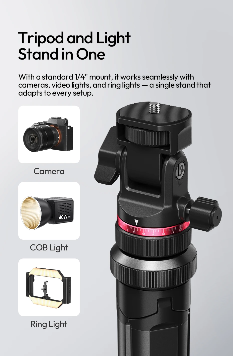 � Ulanzi MT-80 Stativ mit automatischer Öffnung, 2 m Bodenstativ, Selfie-Ständer für Kamera, Smartphone, Videoleuchte mit 360 ° Pfanne & 180 ° Neigung – Detail 10