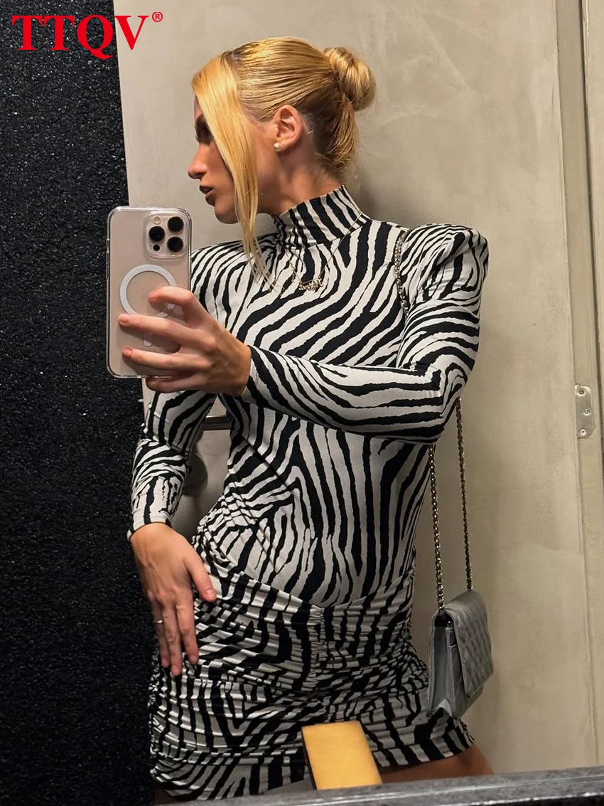 

Clacive Fashion Slim Print Women's Dress 2026 Bodycon Turtleneck Long Sleeve Mini Dresses Elegant Classic Ruched Female Dress
