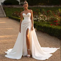Vestido de novia largo hasta el suelo, traje de sirena de satén, espalda abierta, sin tirantes, abertura frontal, tren, 2024