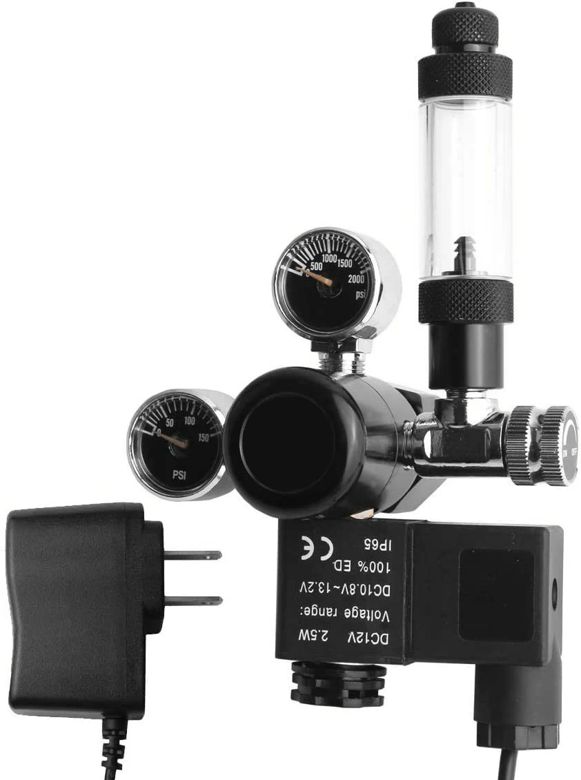 

Aquarium CO2 Regulator DC Solenoid Valve With Bubble Counter Check Valve and Dual Mini Gauge for Inner and Output Pressure Show