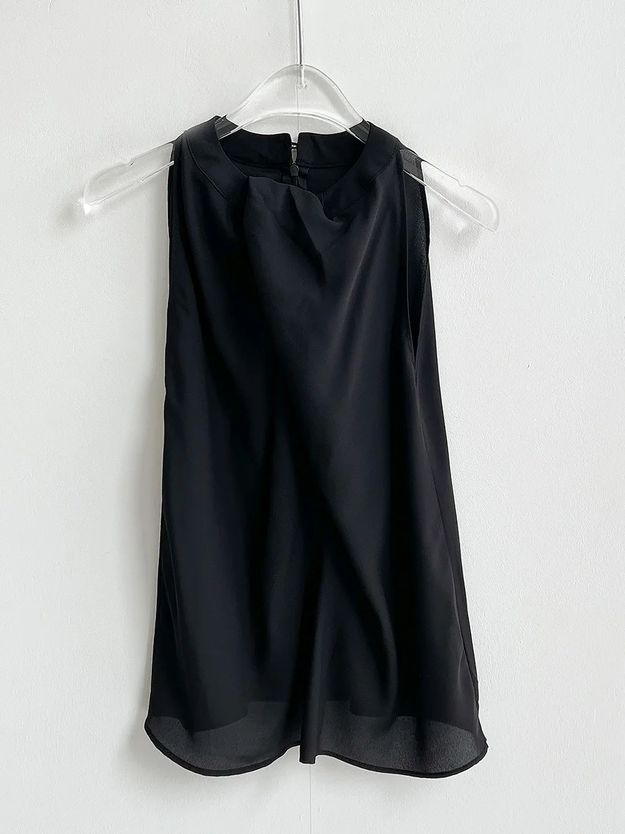 Summer New Women's Loose Fit Knot Ne Vest irt Design Sensation Retro High Matchabili Top Pure Color Commute Sle