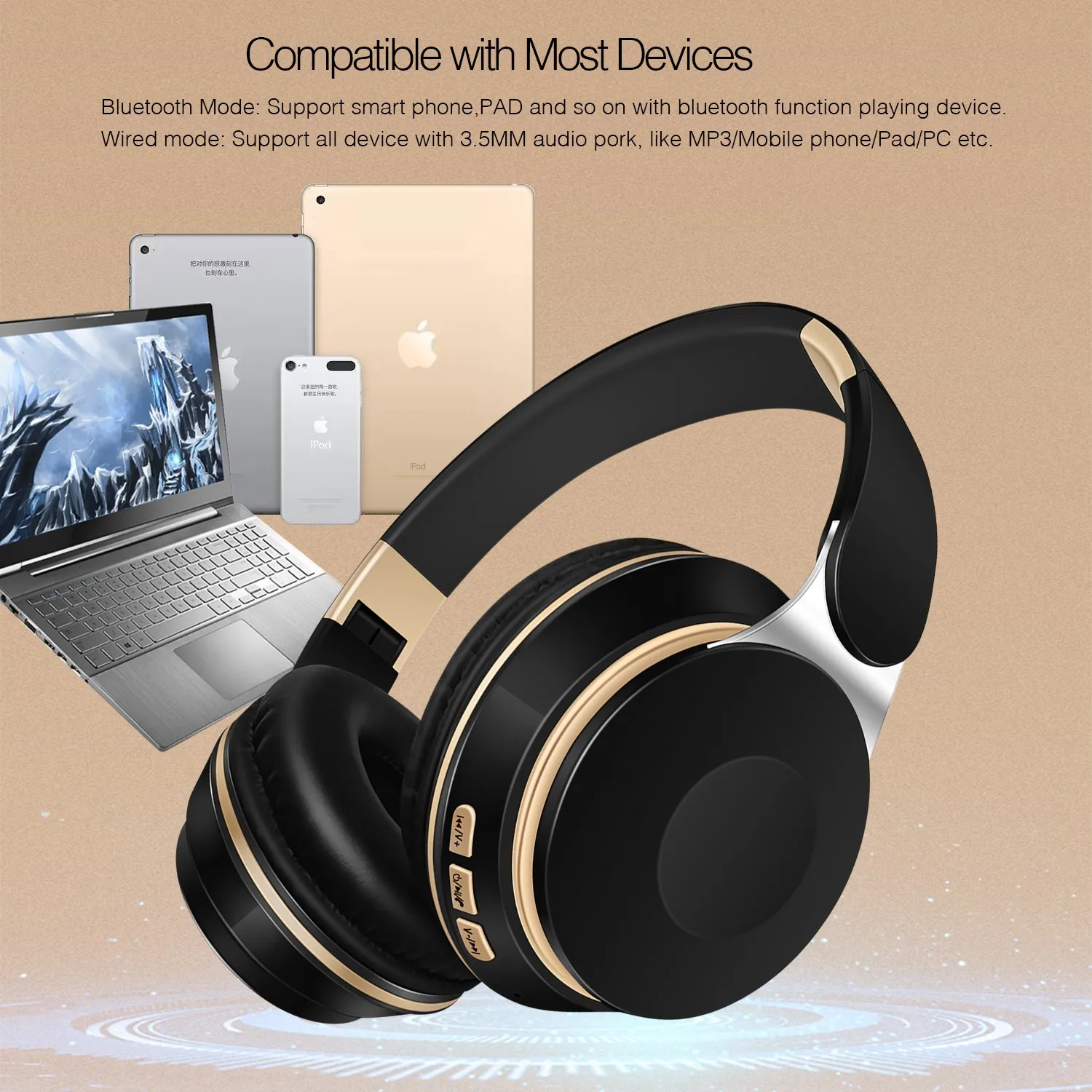 Auriculares inalámbricos Bluetooth 2027 New 698623, auriculares estéreo con diadema, compatibles con tarjeta SD y micrófono.