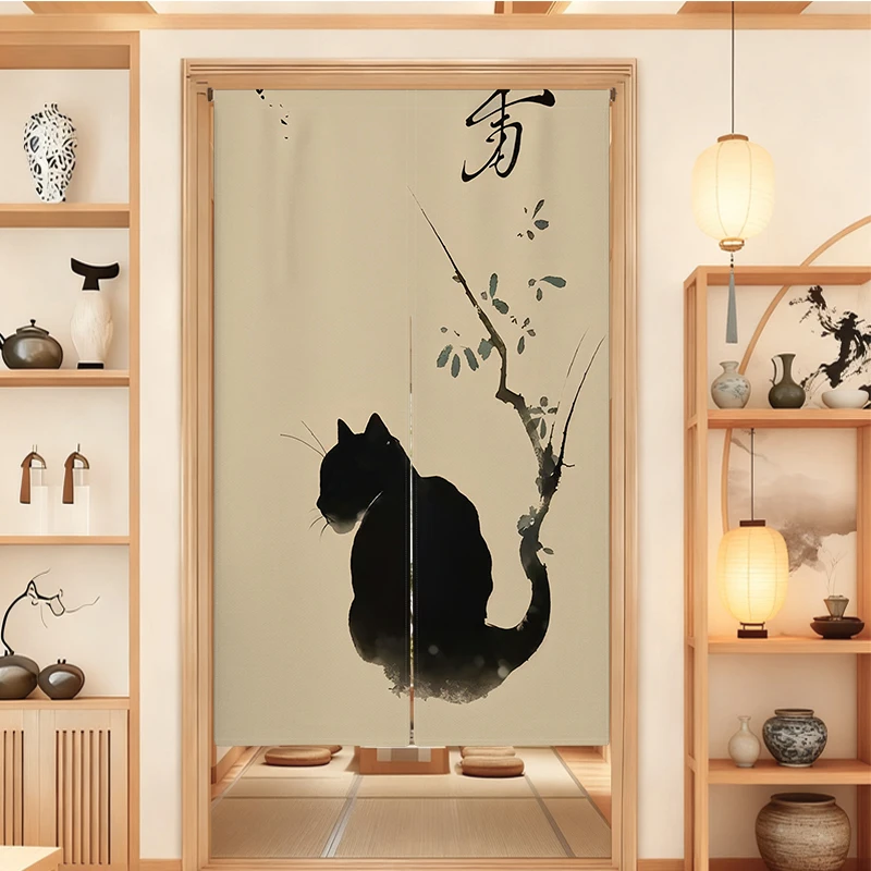 ستارة باب يابانية على شكل قطة سوداء ستارة نورين ريفي للمطبخ وغرفة الطعام ستارة نصف ستارة فاصل للمدخل #1