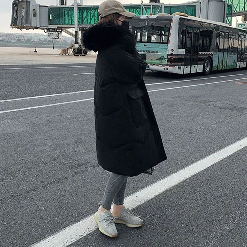 Faux Fur Collar Hood Winter Parkas Women 2022 Big Pockets Thicken Warm Long Coats Woman Zipper Down Cotton Padded Jackets