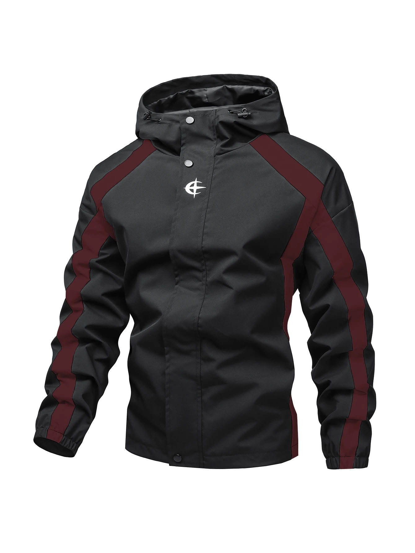 Men Color Block Hooded Jacket Adjustable Drawstring Hood Button Zipper Placket Chest Logo Print Elastic Cuffs Loose Fit Windproof Fabric Outdoor Commute Casual Outerwear