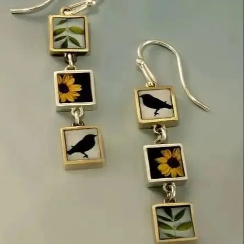 Retro Three Column Patterned Sunflower Bird Leaf Printed Long Drop-Style Women's Earrings Suitable for Casual Daily Wear