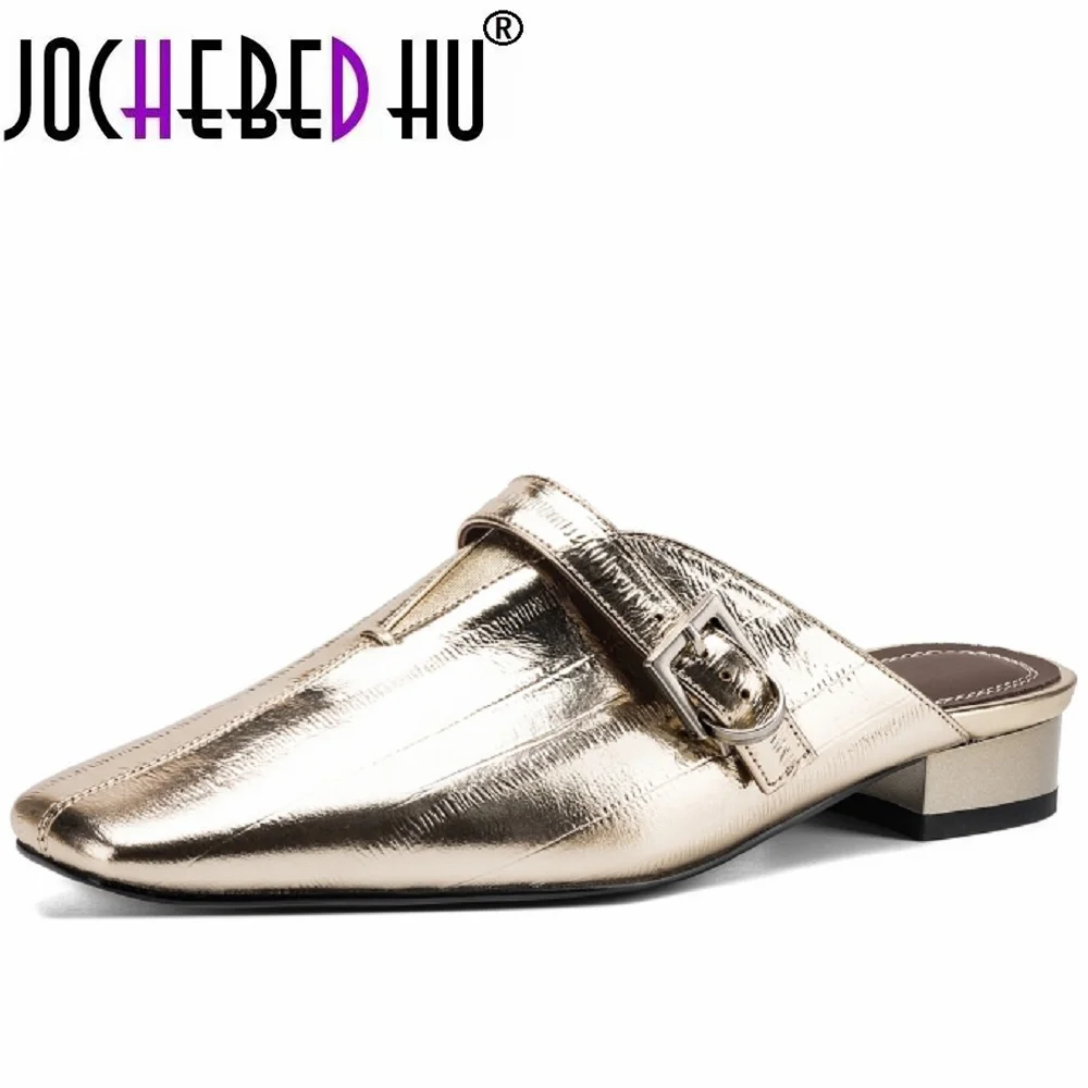 

【JOCHEBED HU】women's Handmade Genuine leather Square toe metal buckle summer slides sandals casual soft mules shoes 34-41