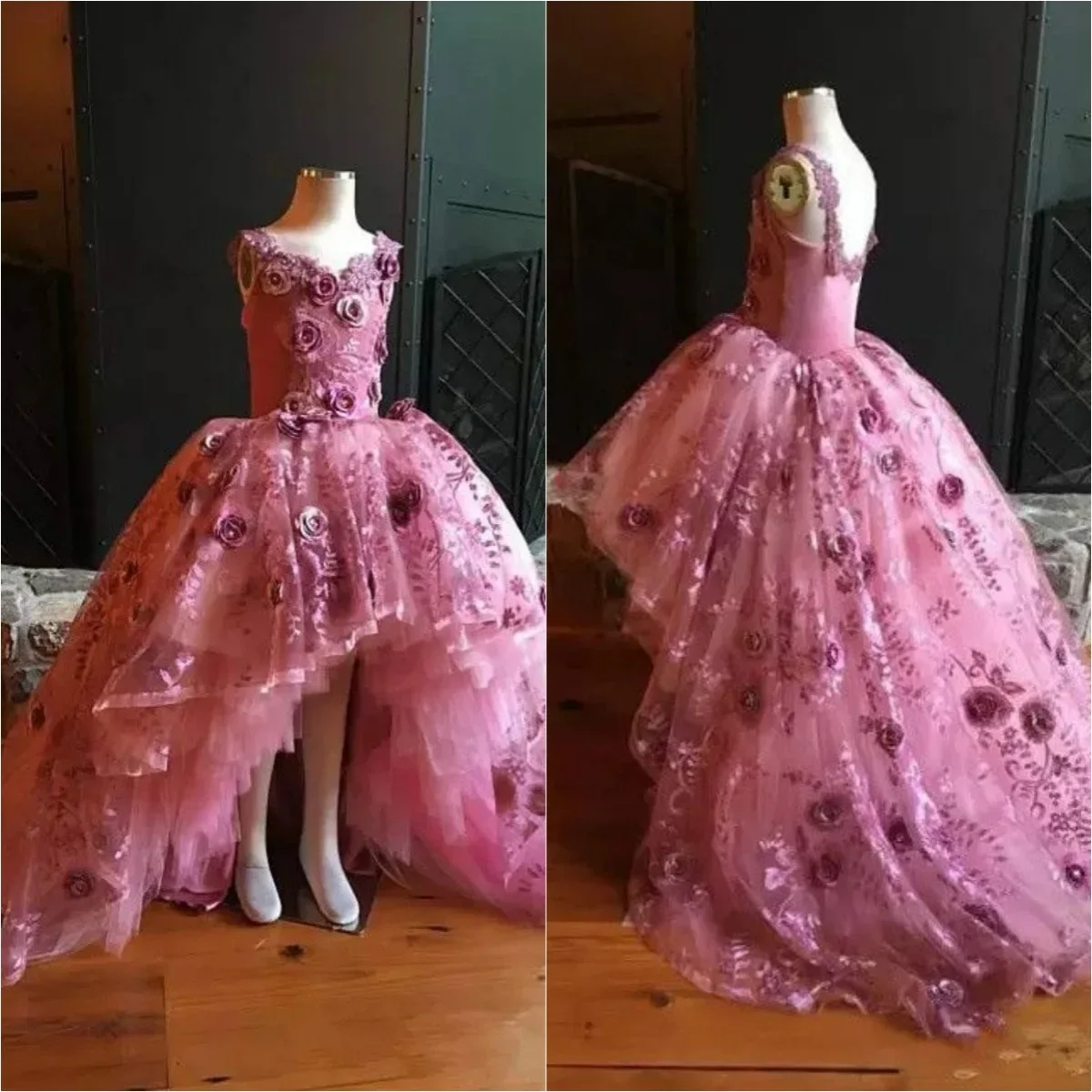 

Rose Flower Girl Dresses for Wedding Ruffles 3D Floral Appliques Birthday Party Dress Bow Ribbons Floral First Communion Gown