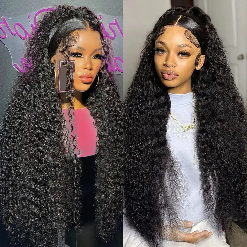 Natural Black 13x6 HD 180% Lace Forehead Wig Deep Wave 24 Inch Transparent Human Hair Curly High Quality Women  Wig