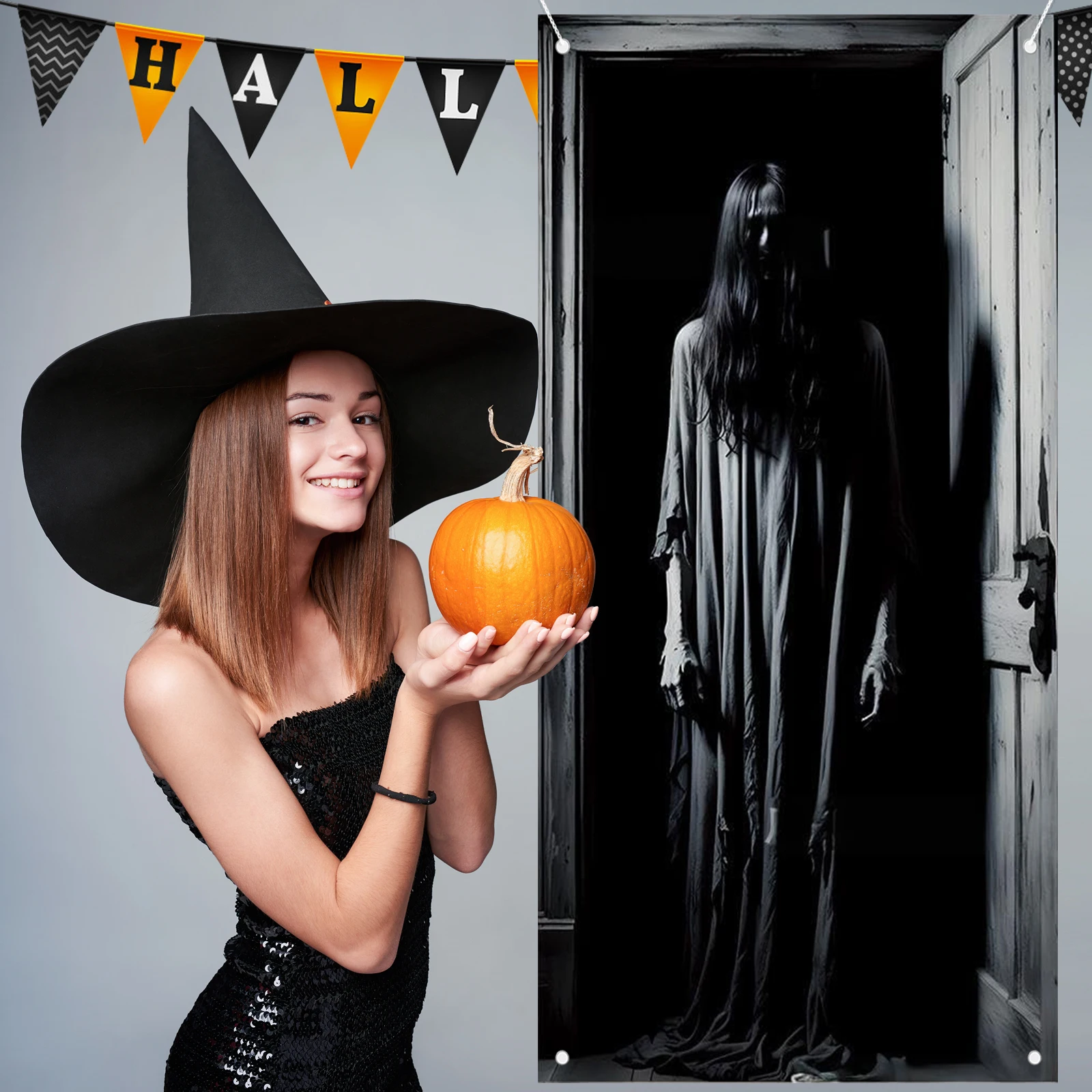 Halloween Door CoverHalloween Door Backdrop Banner Ghost Creepy Devil Go Crazy Terror Theme Scary Halloween Party Decoration