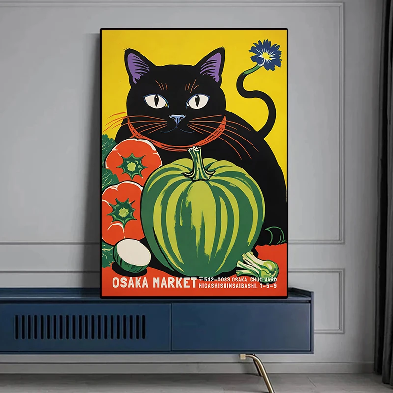 Cute Traditional Japanese Art Enigmatic Black Cat Posters and Prints Canvas Printing Wall Picture for Living Room Home Decor