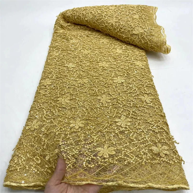 

Luxury Light Gold High Quality African 3D Lace Fabric French Net Sequin Fabric Sewing Embroidery Tulle for Nigeria Dress 5Yard