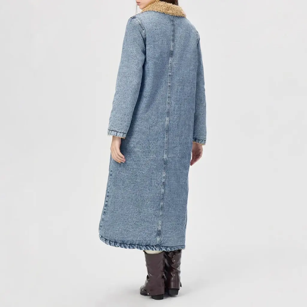 Women's Long Fleece-Lined Cotton-Padded Denim Jacket Loose Fit European And American Style Outerwear for Ladies