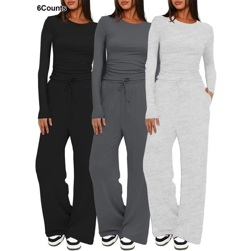 Two piece women's solid color pleated T-shirt and drawstring pocket pants pajama set, suitable for all seasons