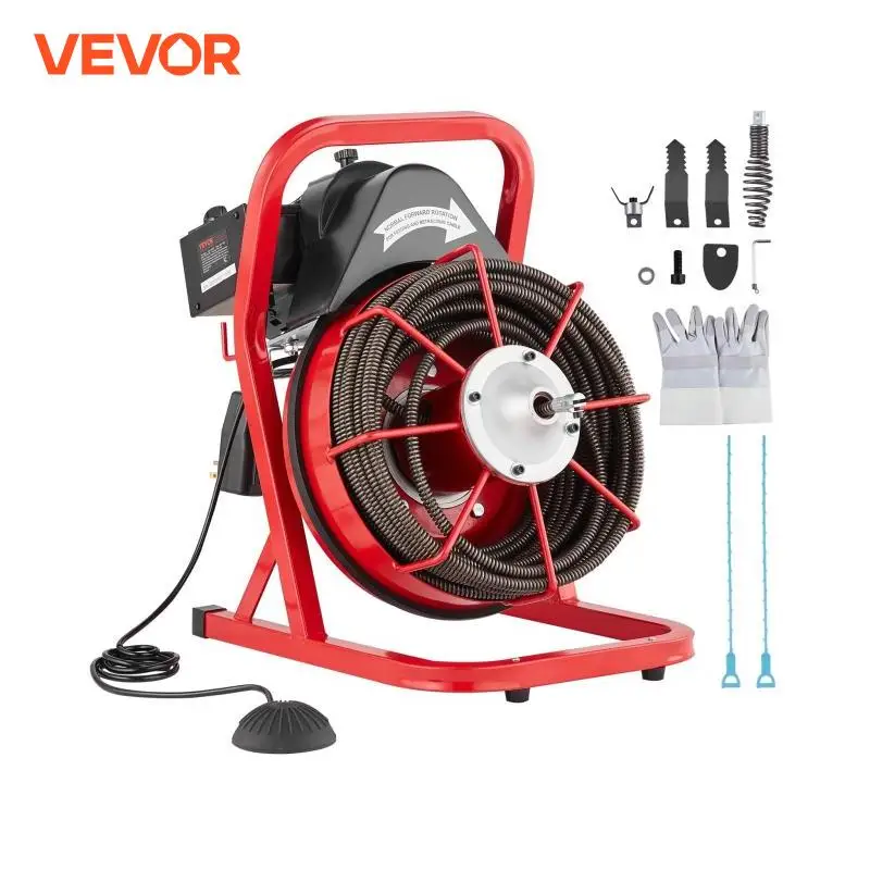 VEVOR Drain Cleaner Machine 75FT/50FT Sewer Snake Auger Manual 1/2 Inch Electric Drain Cleaning Machine with 4 Cutters for Home