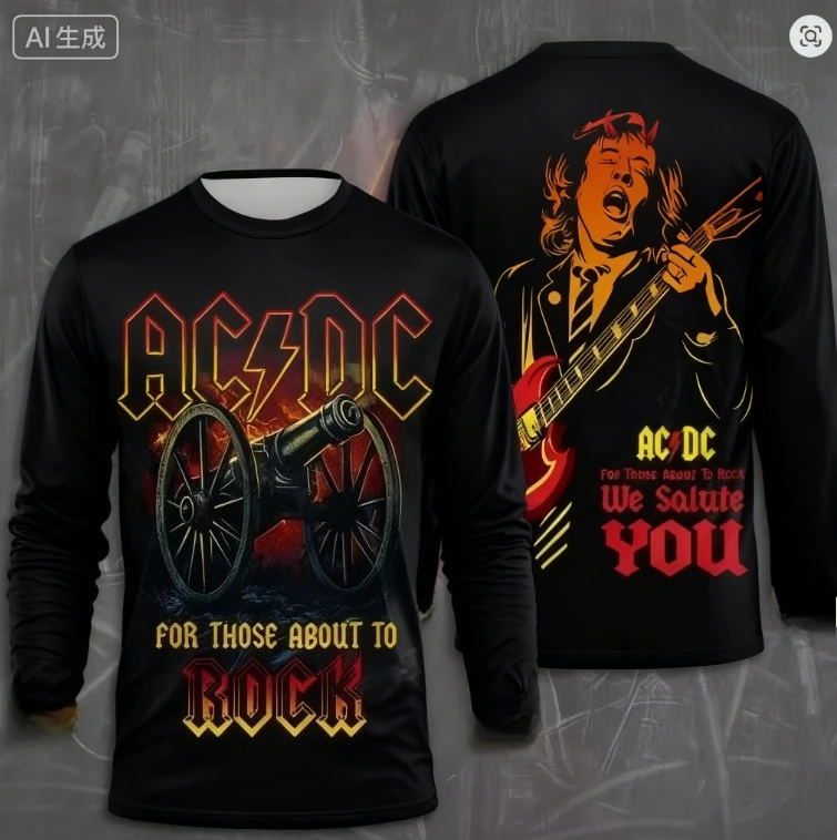 

Autumn Men's Rock Band T-shirt AC-DC 3D Printed Men's and Women's Long Sleeved T-shirt Hip-hop Fashion Round Neck Casual Top