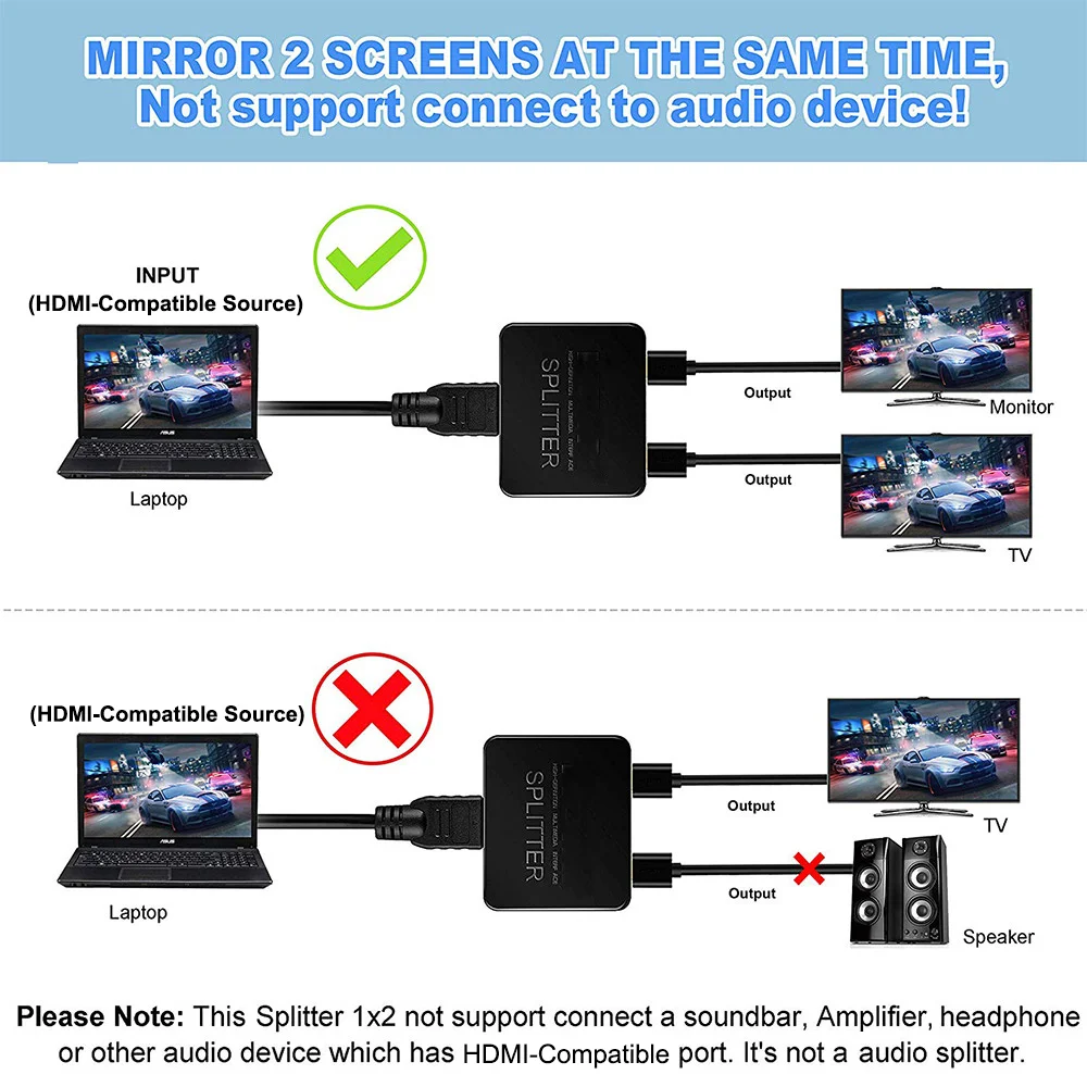 4K HDMI-compatible Splitter 1x2 Video Distributor 1 in 2 out Switch Amplifier 1080P Dual Display PC Laptop Monitor Projector