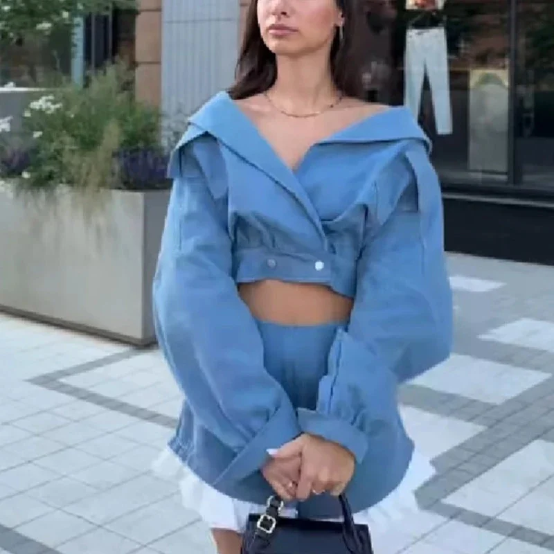Denim Two Piece Set Women, Lapel Off Shoulder Long Sleeve, Crop Jacket Ruffle Shorts Casual, Streetwear Autumn Outfit Female