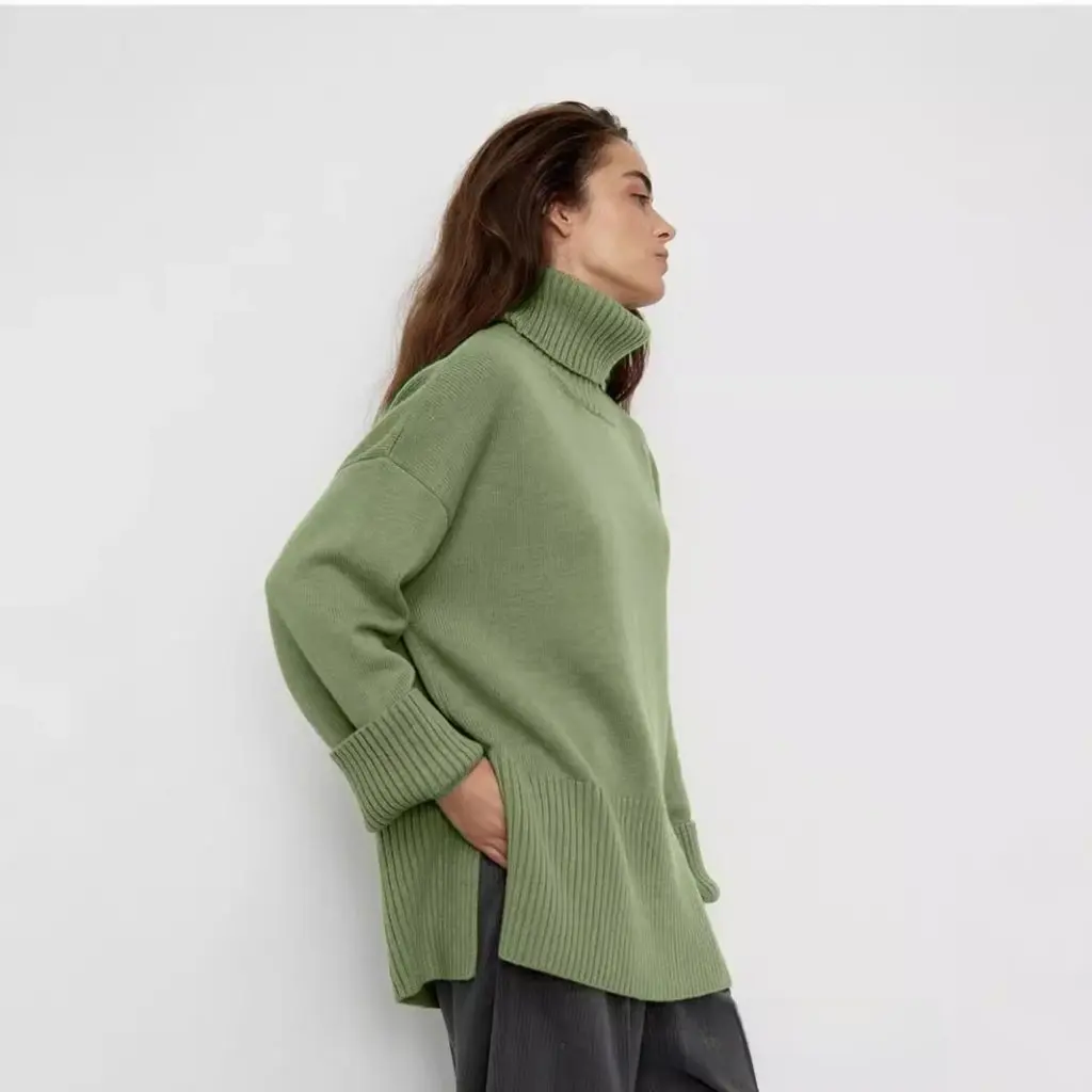 Frauen Reine Farbe Rollkragen Pullover Pullover Europäischen Und Amerikanischen Stil Neue Schlitz Lose Gestrickte Herbst Winter Top