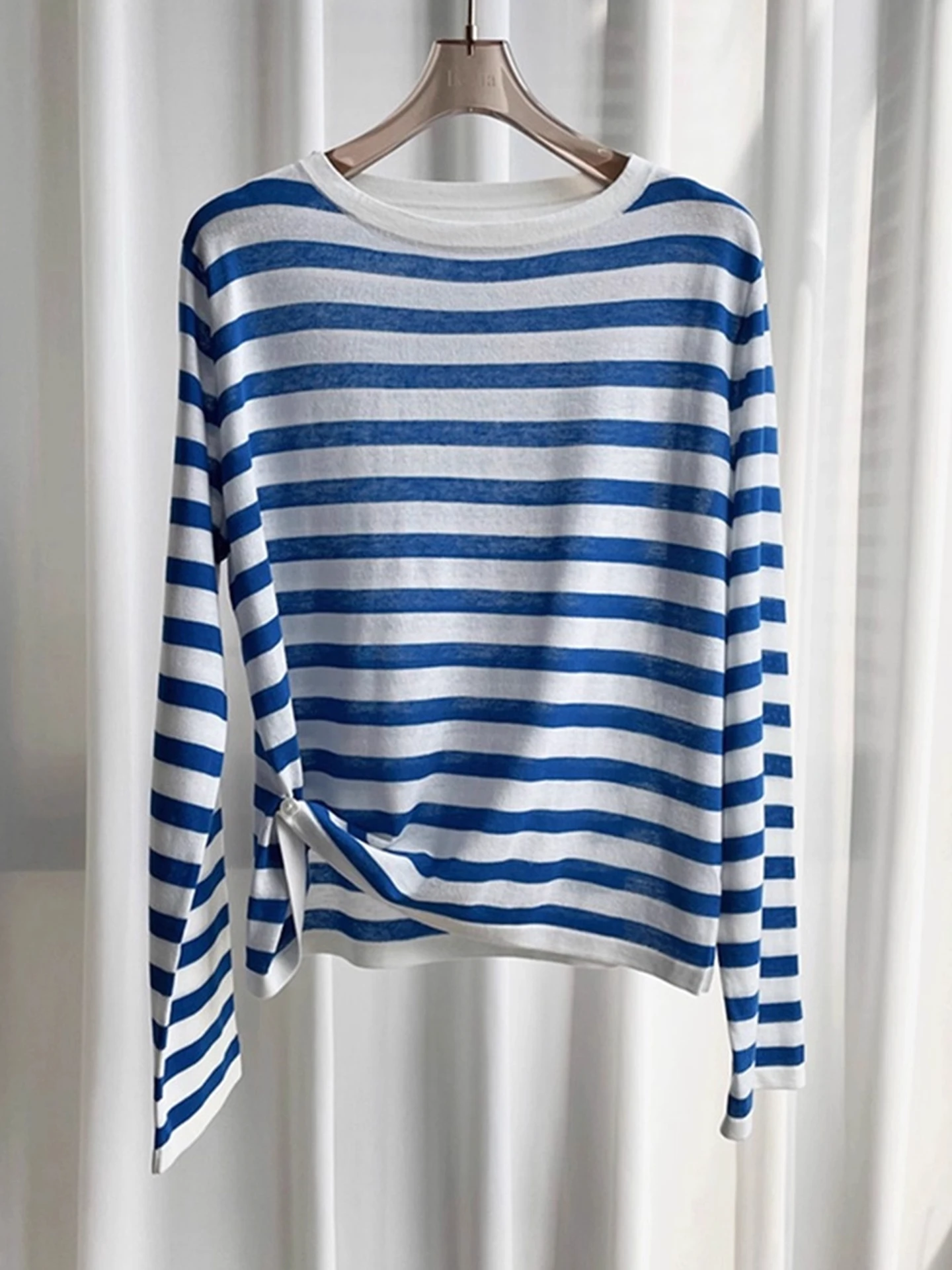 

Ele Korean Sle Long Sve Knitted T-irt Women's Neline Striped Asymmetrical Top for Summer Commute Straight Cut