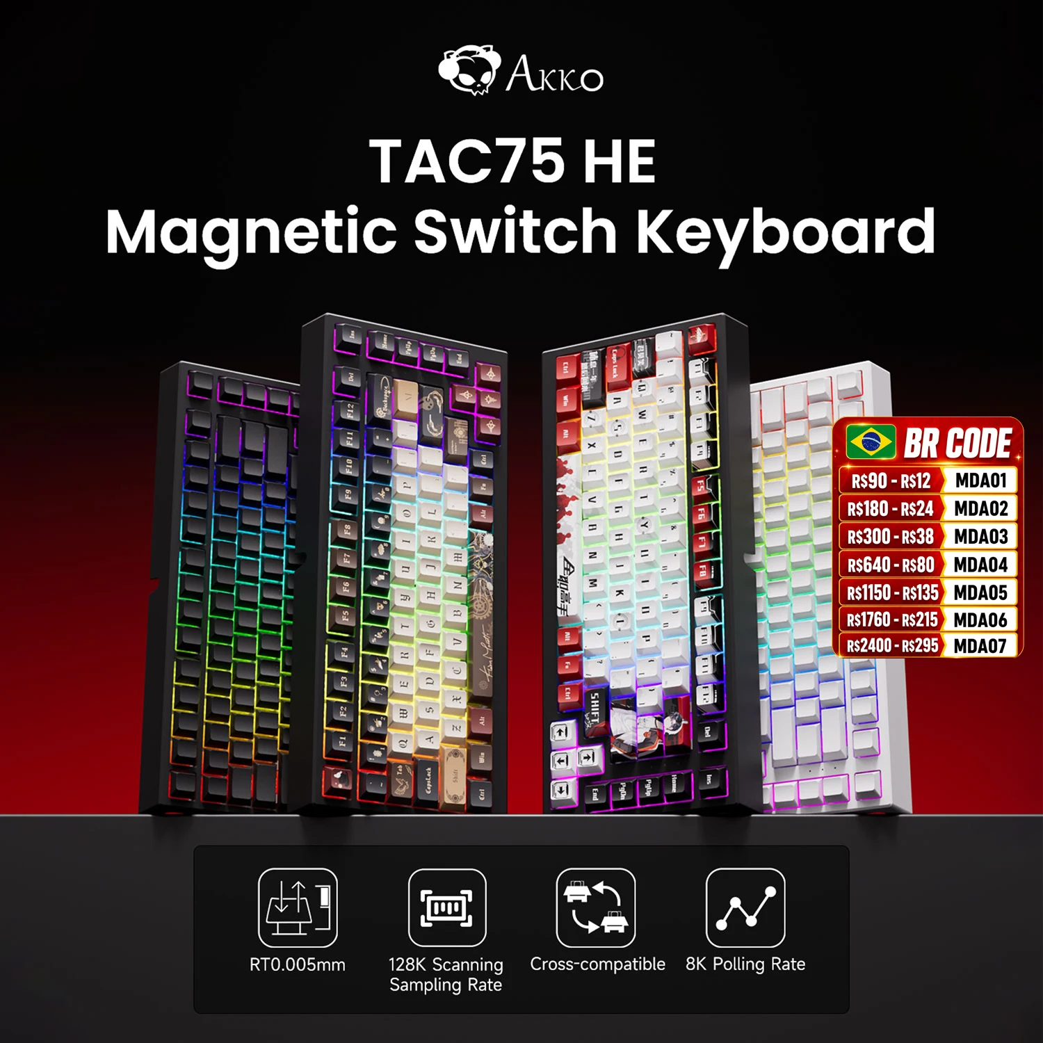 Akko tac75 he teclado de interruptor magnético 75% teclados para jogos gatilho rápido 0.005mm 8k rgb com fio esports teclado personalizado para gamer
