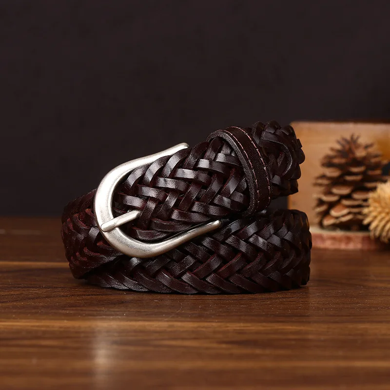 3.2cm Vintage Handwoven Leather Belt Men Genuine Leather Braided Pin Buckle Pure Cowhide Pants Belt for Women Cinturones Hombre