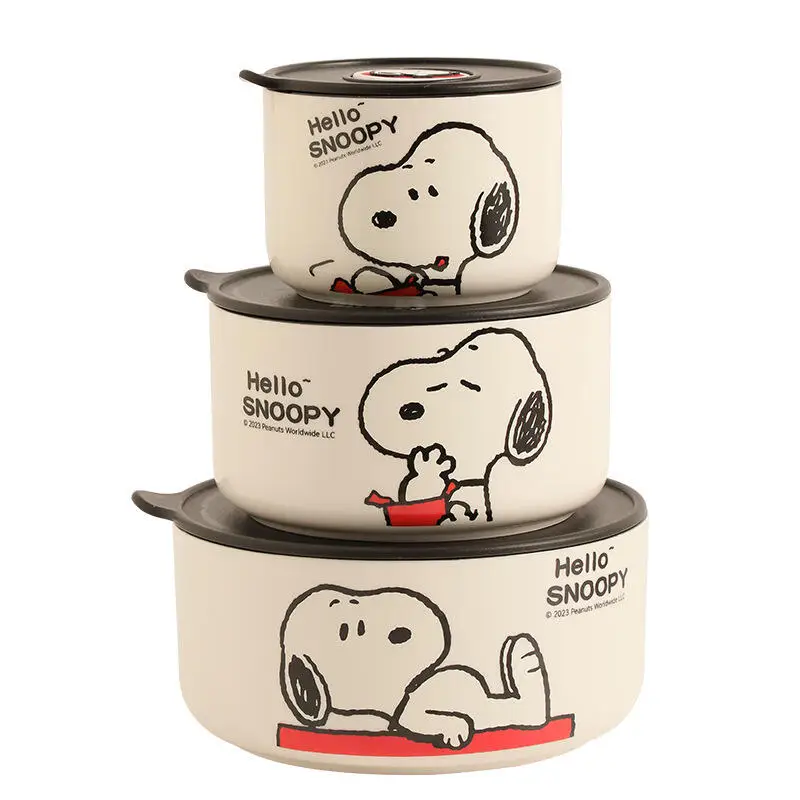 Snoopy Authentic Preservation Bowl Gift Set of Three Pieces Kawaii Cartoon Seal with Lid High End Ceramic Gift Office Workers