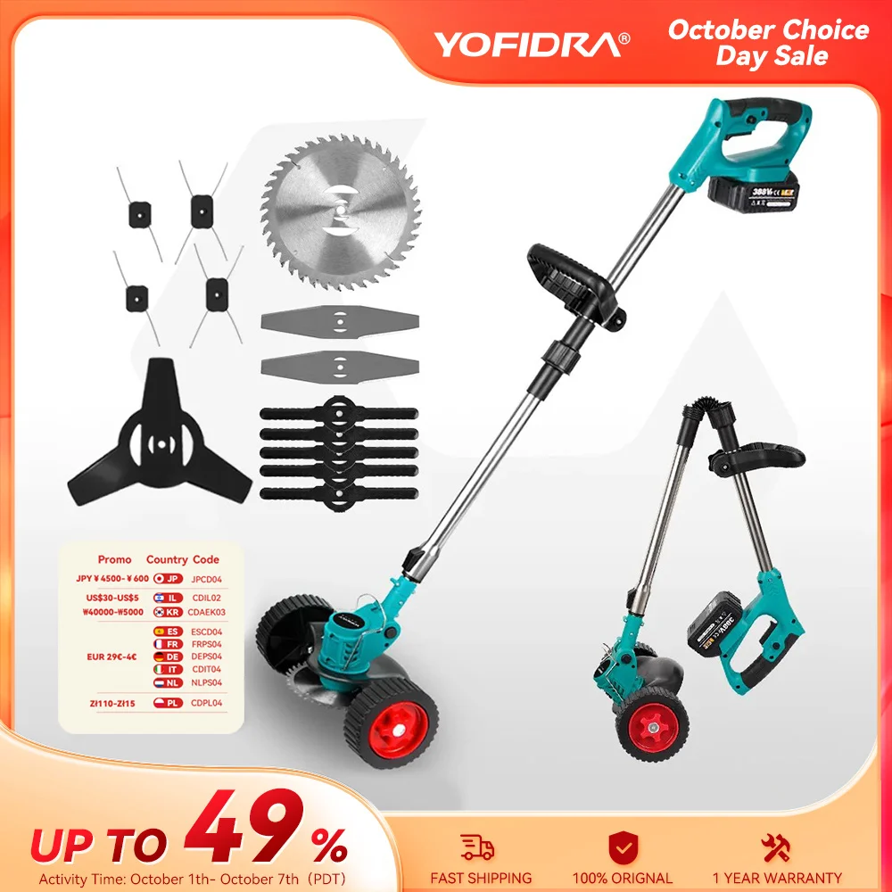 Yofidra 12000RPM Electric Folding Lawn Mower Cordless Grass Lawn Trimmer Adjustable Handheld Power Tool For Makita 18V Battery