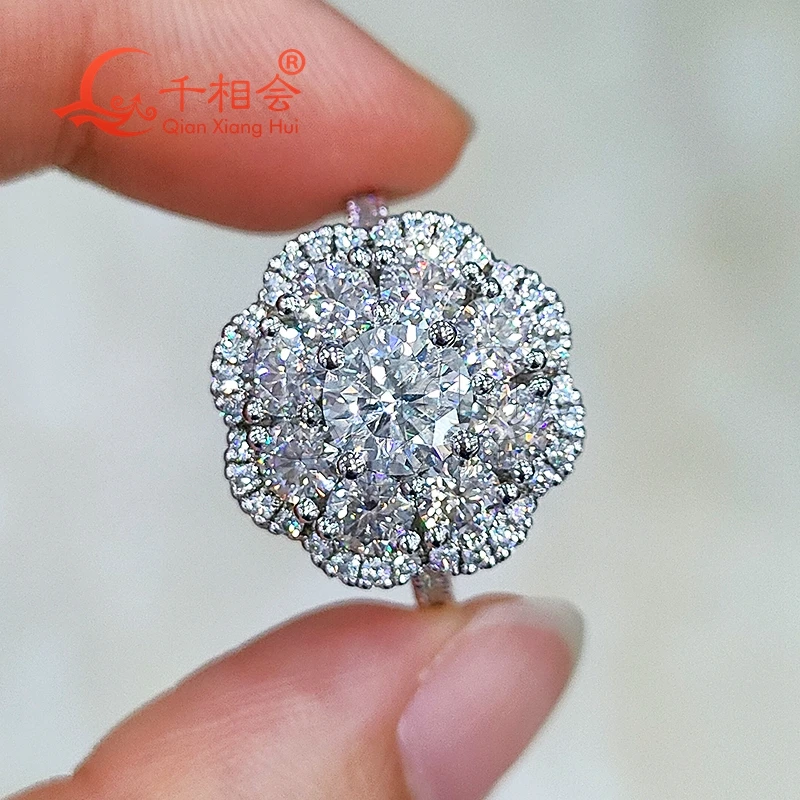 

10k 14k 18k real gold 6.5mm main stone Flower ring half band Moissanite women Diamonds Male fine Jewelry gift wedding dating