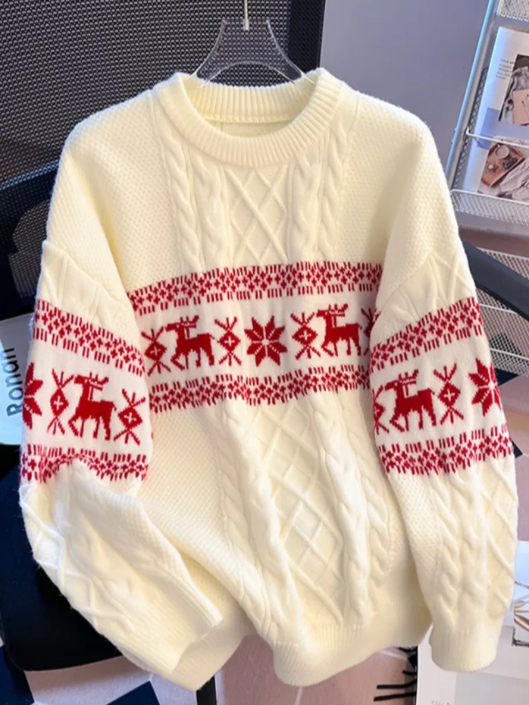 

Retro American Cisas Sweater Women's Loose Knitted Top Cisas Design Fce Warm Long Sve round Ne Pullover