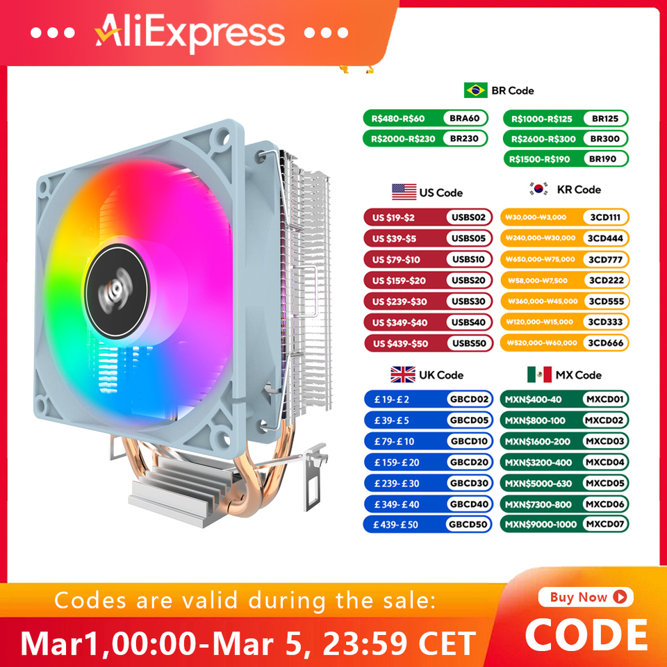 Aigo CPU Cooler 2 4 6 Heat Pipes PC Radiator Cooling 3PIN PWM Silent Rgb Fan For Intel 1700 1150 1155 1156 1366 AM2/AM3/AM4 AMD