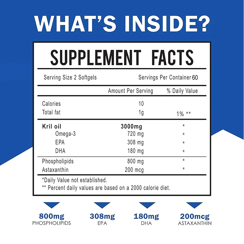 Antarctic Krill Oil 3000mg - Omega-3 EPA, DHA, Natural Astaxanthin, Maximum Strength for Heart & Joint Health