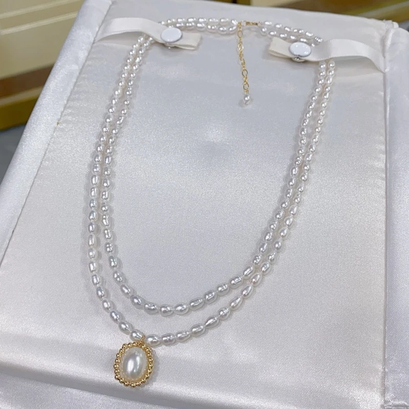 

SGARIT 14k Filled Gold French Vintage Natural Pearl Beads Pendant Necklace Double Layer Overlapping Collarbone Chain