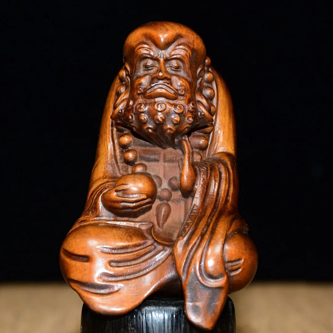 

3"Tibetan Temple Collection Old Boxwood Bodhidharma Sitting Buddha Hand ornaments Worship Hall Town house