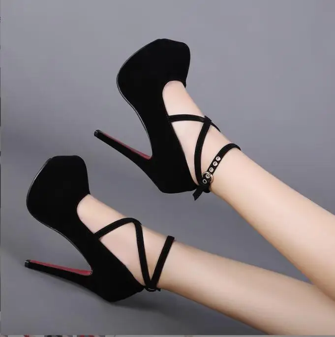 Red Sexy Pumps High Heel Women New Style Flock Fashion Cross Straps wedding Heel High Platform Model Nightclub High-heeled shoes