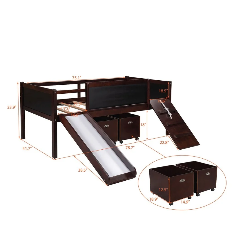 Twin Size Loft Wood Bed With Two Storage Boxes Marvelous  For Kids Climbing Frame Rope And Ladder Children Beds