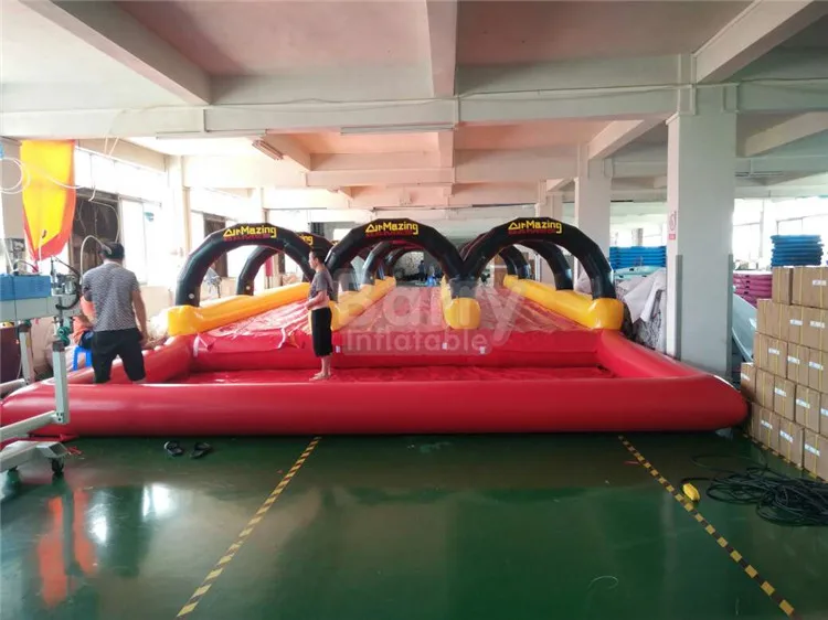 ของเล่นกลางแจ้งสำหรับฤดูร้อน สไลเดอร์น้ำเป่าลมรูปโค้งสำหรับสนามหลังบ้าน แบบสองเลน พร้อมลูกบอลซอร์บสำหรับเล่นน้ำและสไลเดอร์น้ำสำหรับเด็ก