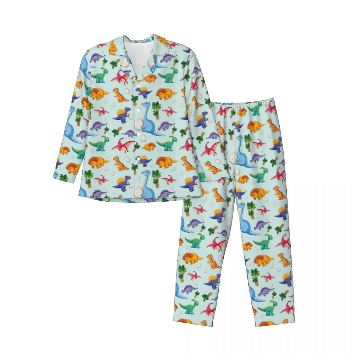 Colorful Cute Dinosaurs Pajamas Man Cartoon Dinos Jungle Lovely Leisure Nightwear Autumn 2 Pieces Oversized Design Pajama Sets