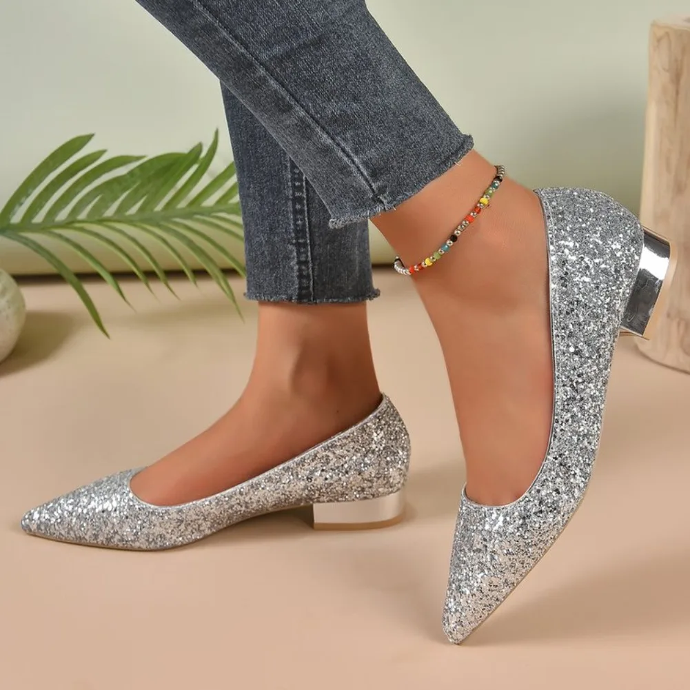 Silver Low Heels Pumps Women Spring Autumn Shiny Sequins Pointed Toe Party Shoes Woman Plus Size Simple Thick Heeled Shoes Lady