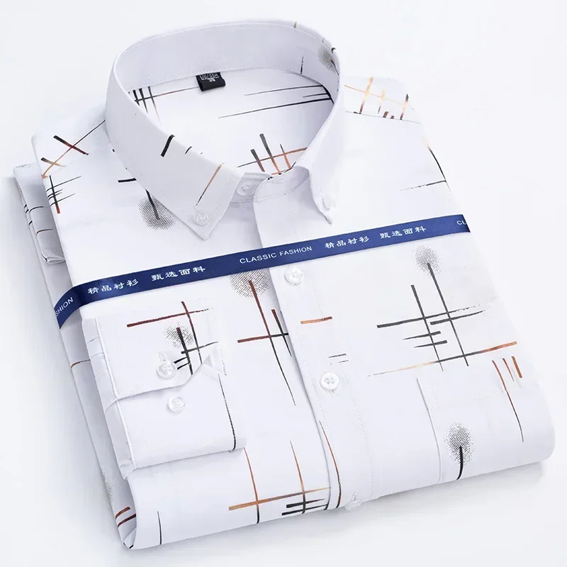 

2024 Men's Dress Shirts Spring Autumn Non-iron Anti-wrinkle Business Casual Print Thin Plaid Slim Fit Chemise Homme