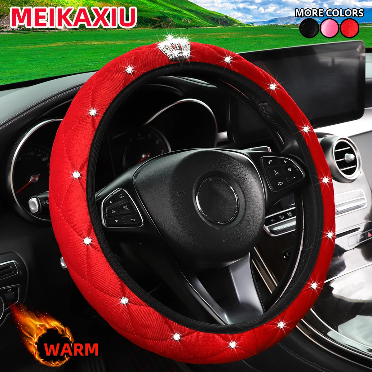 

Diamond-Encrusted Crown Winter Short Fur Velvet Steering Wheel Cover Blingbling Car Interior Accessory - No Inner Ring Included