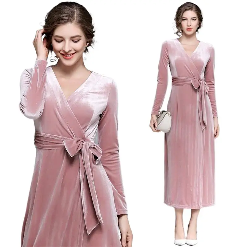 New 2024 Spring Autunm Evening velour Party Dresses Winter Pink Velvet Dress Women Sexy Long Dresses With Sashes Vestidos